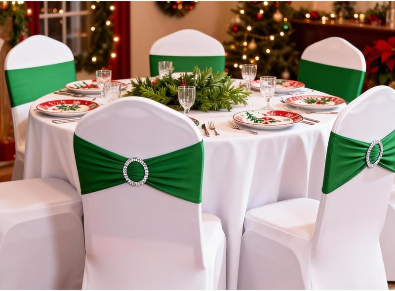 JFDYDM 50 Pack Emerald Green Chair Sashes, Spandex Green Chair Bands Chair Bows Ties with Buckle Slider for Christmas Party Birthday Event Decorations - Image 2